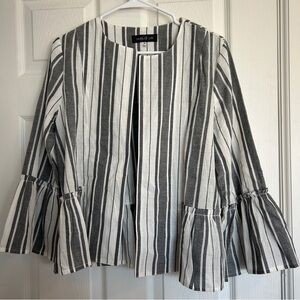 August Silk Striped Open Jacket – Gray & White Bell Sleeve Peplum, Size M